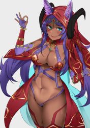 Rule 34 | 1girl, animal ears, blue eyes, blush, bracelet, breasts, cleavage, curled horns, dark skin, dark-skinned female, ears through headwear, fang, fate/grand order, fate (series), gem, gloves, head chain, hood, hood up, horns, jewelry, large breasts, long hair, looking at viewer, nanasumi (pantie party project), navel, partially fingerless gloves, purple gloves, purple hair, queen of sheba (fate), revealing clothes, smile, solo