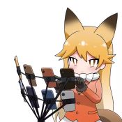 Rule 34 | 1girl, afterimage, animal ears, animated, black gloves, blonde hair, bow, bowtie, cellphone, commentary, creatures (company), extra ears, ezo red fox (kemono friends), fox ears, fur-trimmed sleeves, fur trim, game freak, gloves, jacket, kemono friends, long hair, long sleeves, looping animation, motion blur, necktie, nintendo, orange jacket, phone, pokemon, pokemon go, simple background, smartphone, solo, taro (tontaro), too many, video, white background