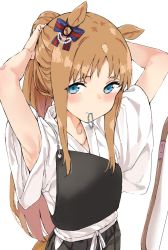 Rule 34 | 1girl, alternate costume, animal ears, arms up, blue eyes, blush, bow, bow (weapon), commentary request, grass wonder (umamusume), hair bow, hair tie in mouth, horse ears, light brown hair, long hair, looking at viewer, mamedenkyuu (berun), mouth hold, muneate, ponytail, sidelocks, simple background, solo, tying hair, umamusume, upper body, weapon, white background