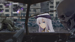 Rule 34 | 2girls, bandana, black bandana, blue eyes, blurry, building, car, commentary request, depth of field, drone, expressionless, girls&#039; frontline, grey hair, highres, hydra (girls&#039; frontline), long hair, looking at viewer, motor vehicle, multiple girls, outdoors, ruins, silk, skeleton, spider web, super sass (girls&#039; frontline), upper body, viscum, xm3 (girls&#039; frontline)