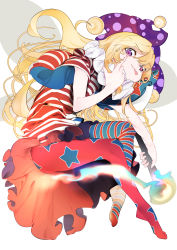 Rule 34 | 1girl, absurdres, american flag dress, bad id, bad twitter id, blonde hair, clownpiece, dress, fairy wings, fire, full body, hat, highres, holding, jester cap, long hair, looking at viewer, neck ruff, pantyhose, polka dot, purple eyes, purple hat, red pantyhose, short dress, short sleeves, simple background, solo, star (symbol), striped clothes, striped pantyhose, tongue, tongue out, torch, touhou, white background, wings, yonemuro