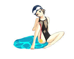 Rule 34 | 1girl, black hair, competition swimsuit, medal, one-piece swimsuit, original, short hair, solo, spread legs, swimsuit, tsukino hp
