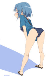 Rule 34 | 1girl, abutomato, arched back, ass, bag, bare arms, bare legs, black footwear, blue eyes, blue hair, blue shirt, blue shorts, commentary request, cutoff jeans, cutoffs, denim, denim shorts, flat ass, from behind, full body, hair ornament, hairclip, highres, kneepits, leaning forward, looking at viewer, mahou shoujo madoka magica, mahou shoujo madoka magica (anime), miki sayaka, neck, panties, panty peek, partially visible vulva, sandals, shirt, short hair, short shorts, short sleeves, shorts, shoulder bag, sidelocks, solo, standing, thighs, twisted torso, underwear, white panties