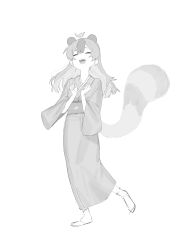 Rule 34 | 1girl, :d, ^ ^, absurdres, animal ears, clenched hands, closed eyes, extra ears, full body, greyscale, happy, highres, japanese clothes, kimono, kona ming, leaf, long hair, long sleeves, mameda (uchi no shishou wa shippo ga nai), monochrome, multicolored hair, obi, open mouth, raccoon ears, raccoon girl, raccoon tail, sash, simple background, smile, solo, tail, uchi no shishou wa shippo ga nai, wide sleeves, yukata
