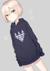 Rule 34 | 1girl, absurdres, arms at sides, bad id, bad pixiv id, black hoodie, blonde hair, blush, bob cut, brown eyes, closed mouth, commentary request, coraman, drawstring, dutch angle, grey background, hair between eyes, highres, hood, hood down, hoodie, long sleeves, looking at viewer, original, short hair, simple background, sleeves past wrists, solo, star (symbol)