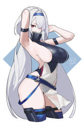 Rule 34 | anchor ornament, anchor symbol, azur lane, belt collar, breasts, collar, colorado (azur lane), colorado (retrofit) (azur lane), covered mouth, cross-laced footwear, dress, eagle union (emblem), hair over one eye, hairband, high collar, highres, looking at viewer, non-web source, red eyes, red hairband, scarf, scarf over mouth, sideboob, simple background, sleeveless, sleeveless dress, uusquid, white hair