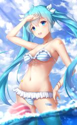 Rule 34 | 1girl, :o, absurdres, ahoge, airjun, artist name, bandaid, bikini, blue eyes, blue hair, breasts, cloud, contrapposto, day, frilled bikini, frills, gluteal fold, hair between eyes, hair ribbon, hand on own hip, hatsune miku, highres, light rays, long hair, looking at viewer, medium breasts, ocean, outdoors, ribbon, sky, solo, striped bikini, striped clothes, swimsuit, tattoo, very long hair, vocaloid, wading, white ribbon, wind