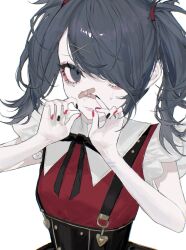 Rule 34 | 1girl, ame-chan (needy girl overdose), bandaid, bandaid on face, black eyes, black hair, black nails, black ribbon, collared shirt, commentary request, cowboy shot, crying, crying with eyes open, hair ornament, hair over one eye, hands up, highres, long hair, looking at viewer, makeup, mimimi3039, nail polish, neck ribbon, needy girl overdose, red nails, red shirt, ribbon, self-harm scar, shirt, simple background, skirt, solo, suspender skirt, suspenders, tear bag makeup, tears, twintails, white background, x hair ornament