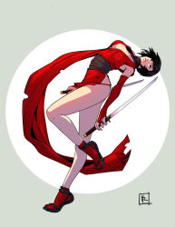 Rule 34 | 1girl, arched back, black hair, breasts, bridal gauntlets, cleavage, dual wielding, hendry zero, holding, japanese clothes, kimono, legs, long legs, ninja, open clothes, open kimono, original, red scarf, sash, scarf, short hair, solo, sword, tabi, thighs, weapon