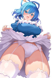 Rule 34 | 1girl, absurdres, amano hagoromo, blue dress, blue eyes, blue hair, blush, breasts, dress, frills, from below, garter belt, garter straps, hair between eyes, hair ornament, hair rings, hair stick, highres, kaku seiga, large breasts, lifting own clothes, short hair, simple background, solo, tongue, tongue out, touhou, upskirt, white background