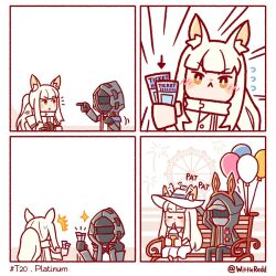 Rule 34 | 1girl, 1other, animal ears, arknights, balloon, chibi, comic, doctor (arknights), drinking, english text, hat, headband, highres, horse ears, platinum (arknights), rabbit ears, ticket, twitter username, white hair, wittle red