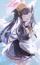 Rule 34 | 1girl, black hair, blue archive, blush, cloud, commentary request, closed eyes, fuuka (blue archive), halo, horns, long hair, looking at viewer, nuudoru, open mouth, school uniform, sky, solo, splashing, twintails, water, water drop