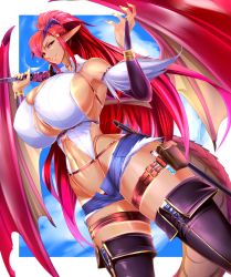 Rule 34 | 1girl, boots, breasts, bursting breasts, cleavage, cutoffs, denim, denim shorts, dragon girl, dragon tail, dragon wings, highres, horns, huge breasts, long hair, nail polish, open clothes, open shorts, pointy ears, propellercube, red eyes, red hair, short shorts, shorts, tail, thigh boots, thigh strap, wings