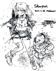 Rule 34 | 1girl, :q, absurdres, artist name, ascot, asymmetrical legwear, boots, broken, character name, character request, closed mouth, commentary, crop top, crosshatching, dated, dual wielding, eyepatch, full body, girls&#039; frontline, gloves, greyscale, groin, gun, hair ornament, hatching (texture), highres, holding, holding gun, holding weapon, holster, jacket, kneehighs, looking to the side, midriff, monochrome, mushroom (osh320), navel, one eye covered, open clothes, open jacket, partially fingerless gloves, robot, shell casing, short shorts, short sleeves, shorts, single kneehigh, single sock, single thighhigh, skorpion (girls&#039; frontline), skorpion vz. 61, smile, smoke, smoking gun, socks, solo, standing, standing on one leg, submachine gun, thigh holster, thighhighs, tongue, tongue out, twintails, uneven legwear, weapon