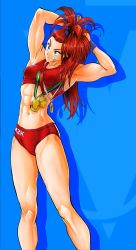 Rule 34 | 1girl, abs, armpits, arms up, breasts, buruma, captain mizuki, full body, green eyes, highres, medal, midriff, muscular, muscular female, navel, official art, one-punch man, red hair, solo, sports bra, stomach, toned