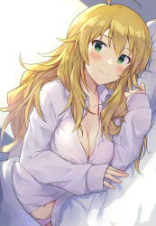 Rule 34 | 1girl, absurdres, blonde hair, blush, borrowed clothes, breasts, cleavage, collared shirt, commission, green eyes, highres, hoshii miki, idolmaster, idolmaster million live!, idolmaster million live! theater days, large breasts, long hair, looking at viewer, navel, panties, partially unbuttoned, pixiv commission, shirt, shuucream (syuichi), smile, solo, underwear, white shirt