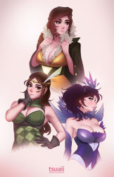 Rule 34 | 3girls, artist name, bare shoulders, black gloves, breasts, brown eyes, brown hair, cleavage, coat, cosplay, dark elementalist lux, dress, elbow gloves, elementalist lux, elementalist lux (cosplay), feather hair ornament, feathers, fire emblem, fire emblem awakening, gloves, green dress, hair ornament, hand on own hip, hand on own face, large breasts, league of legends, long hair, looking at viewer, lux (league of legends), mea koenig, multiple girls, nintendo, noire (fire emblem), noire (fire emblem) (cosplay), orange dress, original, parted lips, profile, purple dress, purple gloves, red (transistor), red (transistor) (cosplay), side ponytail, transistor (game), tsuaii, watermark, web address