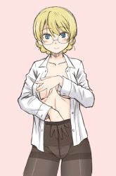 Rule 34 | 10s, 1girl, bespectacled, black pantyhose, blonde hair, blue eyes, bow, bow panties, braid, breasts, closed mouth, collarbone, commentary, covering privates, covering breasts, cowboy shot, darjeeling (girls und panzer), dress shirt, girls und panzer, glasses, hand in pantyhose, looking at viewer, medium breasts, no bra, open clothes, open shirt, panties, pantyhose, pink background, shirt, short hair, simple background, smile, solo, standing, string panties, thighband pantyhose, twin braids, underwear, uona telepin, white panties, white shirt