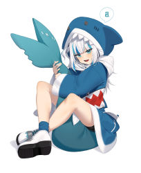 Rule 34 | 1girl, absurdres, animal hood, blue eyes, blue hair, blue socks, blush, fingernails, fins, fish tail, gawr gura, gawr gura (1st costume), gdd (vkejr702), highres, hololive, hololive english, hood, light blue hair, medium hair, multicolored hair, open mouth, pouch, shark girl, shark hood, shark tail, sharp teeth, simple background, sitting, sitting on tail, sleeves past wrists, smile, socks, solo, speech bubble, streaked hair, tail, teeth, tongue, upper body, upper teeth only, virtual youtuber, white background, white hair, zipper pull tab