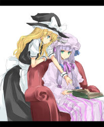 Rule 34 | 2girls, armchair, blonde hair, blue eyes, book, braid, chair, couch, dress, female focus, graphite (medium), green eyes, hair ribbon, hat, kirisame marisa, letterboxed, mixed media, multiple girls, nabeshima tetsuhiro, open book, patchouli knowledge, pointing, purple hair, reading, red upholstery, ribbon, sitting, sketch, touhou, traditional media, witch, witch hat, wrist cuffs