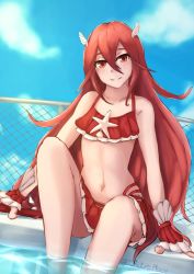 Rule 34 | 1girl, bare shoulders, bikini, bikini top lift, blue sky, clothes lift, cloud, collarbone, cordelia (fire emblem), day, female focus, fingerless gloves, fire emblem, fire emblem awakening, fire emblem heroes, gloves, hair ornament, highres, jspictureplace, lifted by self, long hair, looking at viewer, matching hair/eyes, navel, nintendo, outdoors, pool, red bikini, red eyes, red gloves, red hair, shell, shiny skin, shy, sky, smile, solo, standing, star (symbol), swimsuit, winged hair ornament