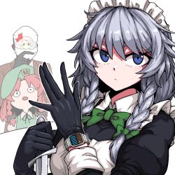 Rule 34 | 1other, 2girls, apron, black dress, black gloves, blue eyes, braid, closed mouth, collared shirt, dress, formicid, gloves, green dress, green headwear, grey hair, hair between eyes, hat, hat ornament, holding, holding knife, hong meiling, izayoi sakuya, knife, long hair, maid, maid apron, maid headdress, multiple girls, official art inset, red hair, red spy (tf2), remilia scarlet, shirt, short hair, simple background, spy (tf2), star (symbol), star hat ornament, team fortress 2, touhou, twin braids, watch, white apron, white background, white shirt, wristwatch, zun (artist)