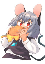 Rule 34 | 1girl, absurdres, animal ears, blush, burger, burger malfunction, cheese, commentary request, cropped torso, crystal, eating, food, greenpiecerice, grey hair, grey skirt, grey vest, hair between eyes, highres, holding, holding food, jewelry, long sleeves, looking at viewer, medium bangs, mouse ears, mouse girl, mouse tail, nazrin, open mouth, pendant, red eyes, shirt, short hair, simple background, skirt, skirt set, solo, tail, teeth, touhou, upper body, vest, white background, white shirt
