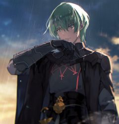 Rule 34 | 1boy, armor, byleth (fire emblem), byleth (male) (fire emblem), cloud, fire emblem, fire emblem: three houses, gloves, green eyes, green hair, highres, looking down, male focus, nintendo, rain, shiroi (shiroicbe), solo, wet