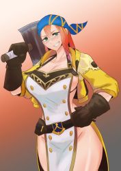 Rule 34 | 1girl, absurdres, apron, bandana, belt, black gloves, blue bandana, braid, breasts, commentary, cropped jacket, english commentary, gloves, gradient background, green eyes, grin, hair between eyes, hammer, hand on own hip, highres, holding, holding hammer, jacket, large breasts, long hair, minayle (monster hunter), monster hunter (series), monster hunter rise, no bra, no panties, orange hair, side braid, sideboob, smile, solo, standing, the flying toaster, thick thighs, thighs, white apron, yellow jacket