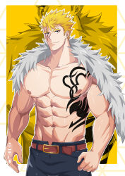 Rule 34 | 1boy, abs, absurdres, artist name, bara, belt, biceps, blonde hair, blue eyes, fairy tail, highres, jacket, kiazu114, large pectorals, laxus dreyar, looking at viewer, male focus, manly, mature male, muscular, muscular male, nipples, no shirt, open clothes, open jacket, pants, pectorals, scar, signature, smile, solo, spiked hair, tattoo, thick arms, thick eyebrows, yellow background