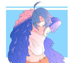 Rule 34 | 1girl, absurdres, ahoge, arm behind back, arm behind head, blue feathers, blue hair, blue wings, blush, breasts, closed eyes, feathered wings, feathers, hair over one eye, harpy, highres, hinekure-boy, long hair, midriff, monster girl, monster musume no iru nichijou, navel, papi (monster musume), small breasts, smile, solo, tank top, white tank top, winged arms, wings
