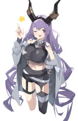 Rule 34 | 1girl, ;d, absurdres, arknights, bare shoulders, black shirt, black shorts, black thighhighs, breasts, coat, commentary, crop top, cropped legs, fang, garter straps, grey coat, hand up, highres, horns, large breasts, long hair, long sleeves, looking at viewer, midriff, navel, off shoulder, one eye closed, open clothes, open coat, open mouth, plabit, purple hair, red eyes, revision, shirt, shorts, simple background, single thighhigh, skin fang, sleeveless, sleeveless shirt, smile, solo, standing, stomach, thighhighs, typhon (arknights), very long hair, white background