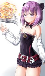 Rule 34 | 1girl, absurdres, belt, belt buckle, black dress, black ribbon, blush, book, buckle, closed mouth, detached sleeves, dress, fate/grand order, fate (series), floating, floating book, floating object, gradient background, grey background, hair between eyes, hair ribbon, hand up, helena blavatsky (fate), highres, long sleeves, magic, moyoron, open book, puffy long sleeves, puffy sleeves, purple eyes, purple hair, red belt, ribbon, sefirot, sleeves past wrists, smile, solo, sparkle, strapless, strapless dress, v-shaped eyebrows, white background