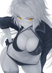 Rule 34 | 1girl, ahoge, bikini, breasts, choker, cleavage, commentary request, fate/grand order, fate (series), from above, gloves, greyscale, hair between eyes, hand on own hip, highres, imizu (nitro unknown), jacket, jeanne d&#039;arc alter (swimsuit berserker) (fate), jeanne d&#039;arc (fate), jeanne d&#039;arc alter (fate), jeanne d&#039;arc alter (swimsuit berserker) (fate), lace, large breasts, long hair, long sleeves, looking at viewer, monochrome, navel, o-ring, o-ring bikini, o-ring bottom, open clothes, open jacket, shiny skin, single thighhigh, smile, solo, swimsuit, thighhighs, upper body, white background, yellow eyes