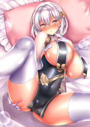 Rule 34 | 1girl, azur lane, bad id, bad pixiv id, blush, braid, breast curtains, breasts, china dress, chinese clothes, cleavage, dress, garter straps, gatchapowa, gloves, grey dress, hair between eyes, hair ornament, half gloves, huge breasts, looking at viewer, lying, neckwear between breasts, on back, open mouth, red eyes, revealing clothes, see-through, short hair, side braid, silver hair, sirius (azur lane), sirius (azure horizons) (azur lane), solo, spread legs, thighhighs, thighs, white thighhighs