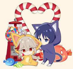 Rule 34 | absurdres, animal costume, animal ears, antenna hair, biting, blue eyes, blue hair, candy, candy cane, cat costume, cat ears, cat tail, chibi, commentary, cosplay, ear biting, fake animal ears, fake tail, food, full body, genshin impact, grey hair, gumball machine, highres, holding, holding candy, holding food, holding lollipop, kaedehara kazuha, kigurumi, lollipop, looking at viewer, lucio (lucioooo38), male focus, multicolored hair, paw print, ponytail, red eyes, red hair, scaramouche (genshin impact), short hair, slime (genshin impact), smile, tail