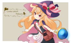 Rule 34 | 1girl, animal, bag, black cat, black dress, blonde hair, blush, bow, brown background, cape, cat, closed mouth, commentary request, copyright name, dress, gloves, hair between eyes, hairband, hat, hat bow, holding, holding staff, little witch nobeta, long hair, looking at viewer, mitya, nobeta, orb, phyllis (cat) (little witch nobeta), phyllis (little witch nobeta), pink cape, purple cape, purple headwear, red eyes, red hairband, shoulder bag, smile, solo, staff, striped bow, striped clothes, striped dress, twitter username, two-tone background, vertical-striped clothes, vertical-striped dress, very long hair, white background, white gloves, witch hat