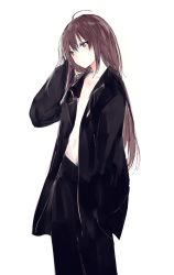 Rule 34 | 1boy, ahoge, blue eyes, blush, brown hair, closed mouth, coat, from side, hand in own hair, hand in pocket, hand up, long hair, lpip, male focus, open clothes, open coat, original, simple background, solo, standing, white background