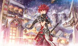 Rule 34 | armor, elsword, elsword (character), gloves, light, lord knight (elsword), red eyes, red hair, santa claus, scarf, scorpion5050, shoulder armor, snow, snowing, stairs, sword, sword hilt, town, weapon