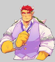 Rule 34 | 1boy, alternate costume, bara, blush, bowser, cropped torso, dragon boy, dragon horns, fang, forked eyebrows, highres, horns, huge eyebrows, humanization, large pectorals, looking at viewer, loose necktie, male focus, mario (series), mature male, muscular, muscular male, necktie, nervous sweating, nintendo, pectorals, pointy ears, purple vest, red hair, scales, short hair, skin fang, solo, sweat, undercut, vest, yowasabimechaoc