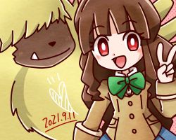 Rule 34 | 1girl, 2021, angoramon, artist request, blush, brown hair, dated, digimon, digimon (creature), digimon ghost game, fang, fur, happy, long hair, looking at viewer, open mouth, school uniform, skirt, smile, tsukiyono ruli, v