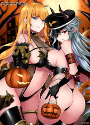 Rule 34 | 2girls, aqua eyes, arm strap, ass, basket, black headwear, black legwear, black panties, blonde hair, blush, boots, breast press, breasts, brown dust, character name, choker, cleavage, dungeon and fighter, gloves, grey hair, groin, halloween bucket, halloween costume, hat, holding, holding basket, horns, horns through headwear, large breasts, long hair, looking at viewer, multiple girls, navel, panties, peaked cap, pointy ears, red eyes, revealing clothes, shaojiang, smile, stomach, symmetrical docking, thigh boots, thighhighs, thighlet, thong, underwear