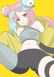 Rule 34 | 1girl, absurdres, bike shorts, breasts, cameltoe, character hair ornament, commentary request, creatures (company), cropped shirt, game freak, grey shirt, grin, hair ornament, highres, iono (pokemon), jacket, long hair, looking at viewer, medium breasts, multicolored hair, nintendo, pokemon, pokemon sv, sharp teeth, shinta (the-mattyaman), shirt, simple background, single leg pantyhose, sleeveless, sleeveless shirt, smile, solo, teeth, thigh strap, two-tone hair, yellow background, yellow jacket