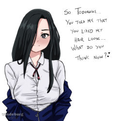 Rule 34 | 1girl, artist name, black eyes, black hair, blush, boku no hero academia, breasts, english text, hair over one eye, heart, jacket, large breasts, long hair, looking at viewer, off shoulder, open clothes, open jacket, shirt, solo, white background, white shirt, windeburg, yaoyorozu momo
