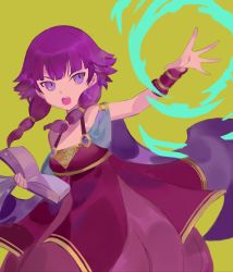 Rule 34 | 1girl, book, dress, fire emblem, fire emblem: the sacred stones, highres, holding, holding book, lute (fire emblem), magic, medium hair, nintendo, open mouth, outstretched arm, purple dress, purple eyes, purple hair, ruuu ran ran, sleeveless, sleeveless dress, solo, teeth, twintails, upper teeth only, yellow background