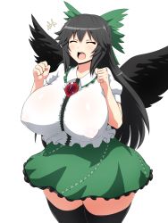 Rule 34 | +++, 1girl, ^ ^, black hair, black thighhighs, breasts, closed eyes, covered erect nipples, curvy, d:, highres, huge breasts, jadf, open mouth, reiuji utsuho, see-through, simple background, solo, taut clothes, thick thighs, thighhighs, thighs, touhou, transparent background, white background