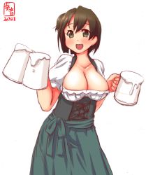 Rule 34 | 1girl, alternate costume, apron, beer mug, breasts, brown eyes, brown hair, cleavage, cup, dated, dirndl, dress, german clothes, highres, hiryuu (kancolle), kanon (kurogane knights), kantai collection, large breasts, looking at viewer, mug, oktoberfest, open mouth, short hair, short sleeves, side ponytail, simple background, smile, solo, underbust, waitress, white background
