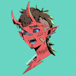 Rule 34 | 1boy, absurdres, ale55, aqua background, bandaid, bandaid on face, bandaid on nose, blue background, blue eyes, commentary, dated, demon boy, demon horns, earrings, fangs, gold teeth, highres, horns, jewelry, looking at viewer, male focus, original, pointy ears, short hair, signature, simple background, solo, thorns