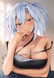 Rule 34 | 1girl, absurdres, arm across chest, asymmetrical clothes, black dress, black nails, blush, breasts, brown eyes, chair, cleavage, collarbone, dark-skinned female, dark skin, dress, unworn eyewear, finger to mouth, highres, indoors, kantai collection, large breasts, long hair, looking at viewer, musashi (kancolle), musashi kai ni (kancolle), nail polish, rectangular eyewear, short hair with long locks, silver hair, sitting, smile, solo, twintails, very long hair, yunamaro