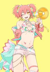 Rule 34 | 1girl, bare shoulders, bikini, blush, bodypaint, bow, breasts, cleavage, dot nose, earrings, floral print, flower, hair between eyes, hair bow, hair flower, hair ornament, hair ribbon, heart, heart earrings, hibiscus, highres, holding, holding megaphone, idolmaster, idolmaster cinderella girls, idolmaster cinderella girls starlight stage, jacket, jewelry, jougasaki mika, long hair, long sleeves, looking at viewer, medium breasts, megaphone, multicolored belt, navel, off shoulder, one eye closed, open mouth, pink hair, pink jacket, pink shorts, ribbon, shorts, simple background, smile, solo, swimsuit, teeth, two side up, upper teeth only, white bikini, white ribbon, yellow background, yellow eyes, yuu 555meco